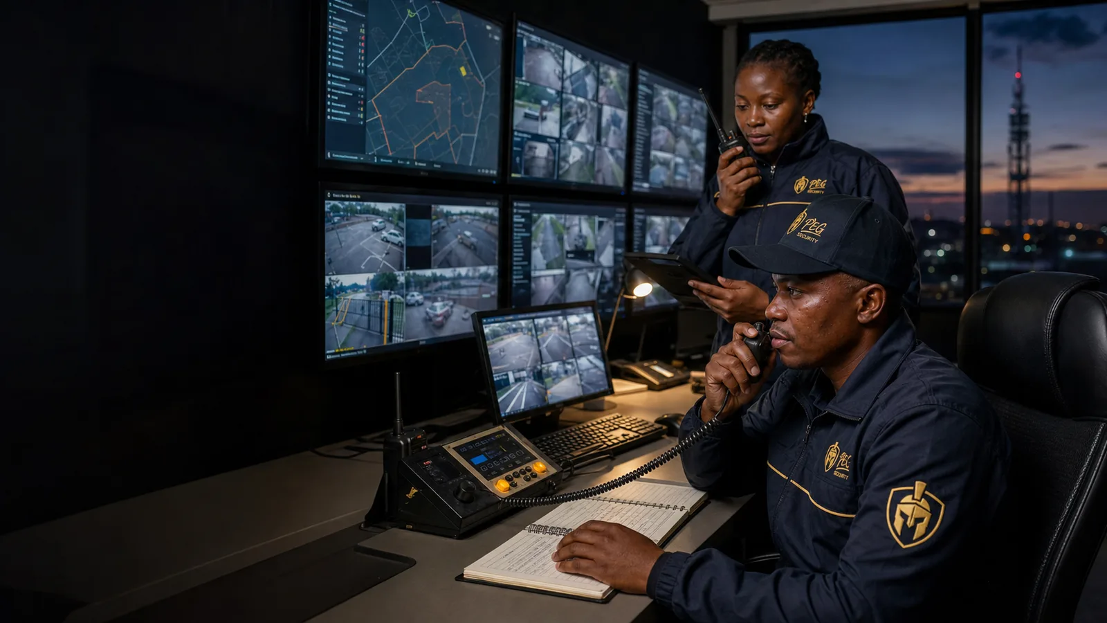 PEG Security control-room officers coordinating CCTV and radio dispatch