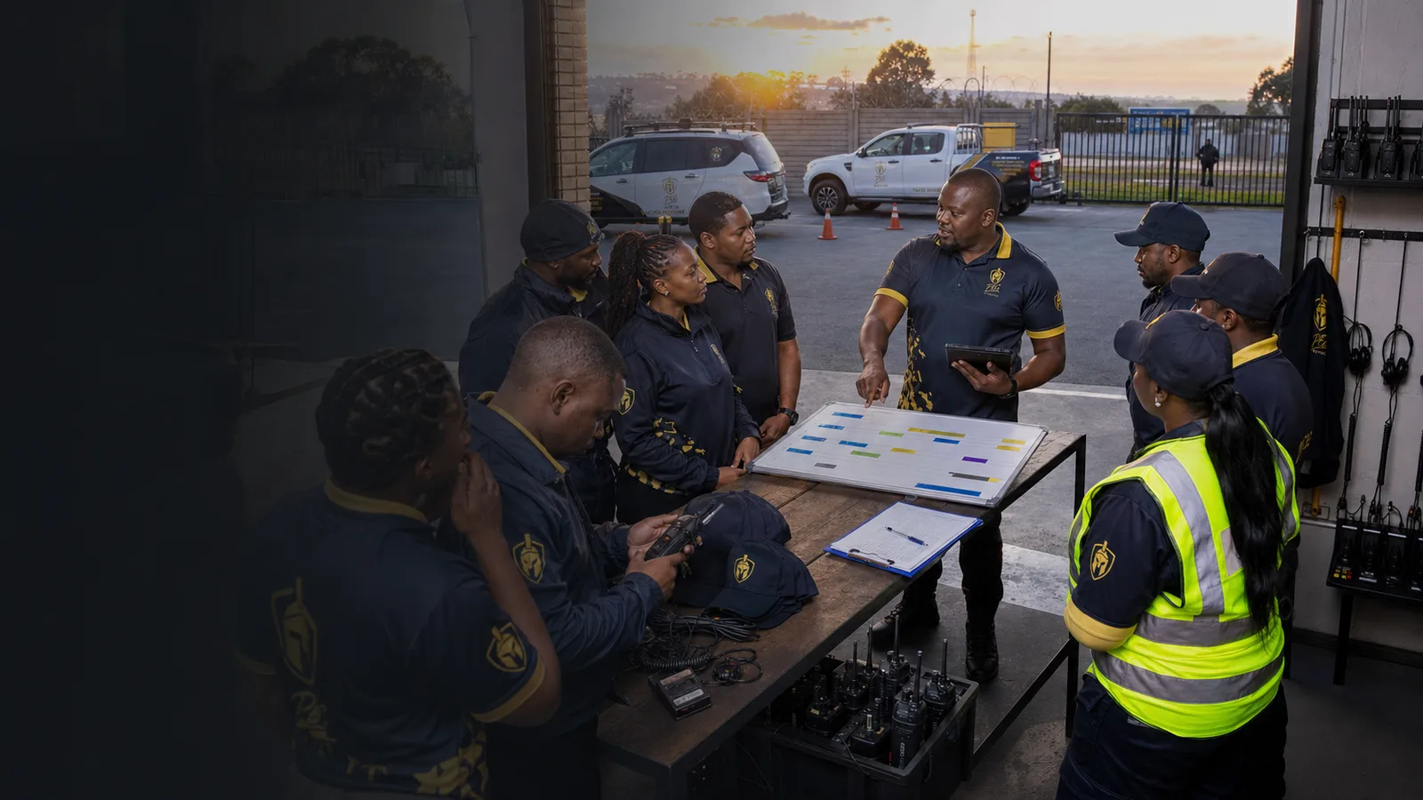 PEG Security team receiving a pre-shift operations briefing